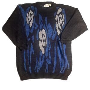 Black sweater with silver and blue ornate design (m)